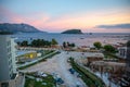 Budva, Montenegro - September 23, 2021: St. Nicholas island at sunrise ligths in Budva, Montenegro
