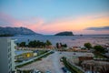 Budva, Montenegro - September 9, 2021: St. Nicholas island at sunrise ligths in Budva, Montenegro