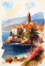 Budva, Montenegro, watercolor. AI generative