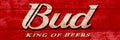 Budweiser sign. Close-up Budweiser logo on wooden surface