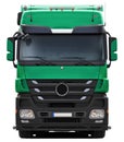 Bue-green Mercedes Actros truck with black plastic bumper.