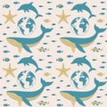 Bue whales, dolphins, starfish, fish, and a globe. Seamless pattern. Royalty Free Stock Photo