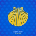 Buen Camino! Yellow shell on the blue background.