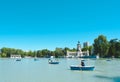 Buen Retiro city park, Madrid / Spain - August 24, 2020: People enjoying weekend time during coronavirus pandemic on boating lake Royalty Free Stock Photo