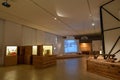 Illuminated empty hall of the National Immigration Museum in Buenos Aires with items for exhibition