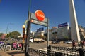 Buenos Aires Argentina Corrientes Avenue and subway entrance obelisco with people drinking coffee in a city bar