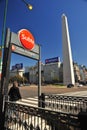 Buenos Aires Argentina Corrientes Avenue and subway entrance obelisco with people drinking coffee in a city bar