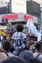 Buenos Aires, Argentina - December 14, 2022: Happy Argentine football fans celebrate winning a football match at the