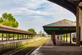 Buenos Aires. Argentina. February 3, 2018. Empty train station in the city of BahÃÂ­a Blanca. In the distance a train approaches