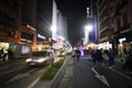 Buenos Aires Argentina, illuminated at night with Corrientes Avenue and theaters, cinemas and restaurant with pedestrian