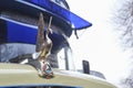 Hood ornament of a Mercedes Benz 1114, old vintage bus for public transport