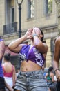 Young woman chanting slogans, claiming the equality for women, in Argentina