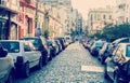 BUENOS AIRES, ARGENTINA - MAY 6: Old narrow street is crowded with parked cars in Buenos Aires, Argentina. It is old