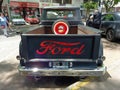 Ford F100 pickup truck circa 1960 Custom Cab Flareside bed. Rear view. Logo. Brand. Expo Warnes 2021