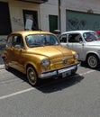 golden Fiat 600 sedan two door rear engined unibody circa 1970. Expo Warnes 2021 classic car show