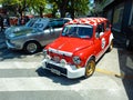 sporty red and white Fiat 600 Abarth sedan unibody for racing. Expo Warnes 2021 classic car show