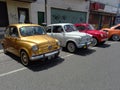 three Fiat 600 sedan two door unibody circa 1970 parked together. Expo Warnes 2021 classic car show