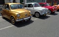 three Fiat 600 sedan two door unibody circa 1970 parked together. Expo Warnes 2021 classic car show