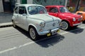 white Fiat 600 sedan two door rear engined unibody circa 1970. Expo Warnes 2021 classic car show