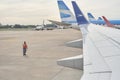 Aviation marshaller view from a Boeing 737-700 jet of Aerolineas Argentinas Royalty Free Stock Photo
