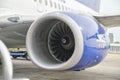 Turbine of Boeing 737-700 jet of Aerolineas Argentinas airline Royalty Free Stock Photo