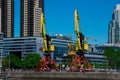 Big old cranes in Puerto Madero neighborhood waterfront Royalty Free Stock Photo