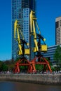 Big old cranes in Puerto Madero neighborhood waterfront Royalty Free Stock Photo