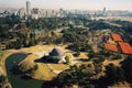 Buenos Aires, Argentina ,palermo air viux - Park view of the planetarium of Buenos Aires, Argentina with a pond in