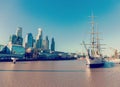 Buenos Aires city skyline. View from Puente de la Mujer Women`s Bridge, Puerto Madero. Modern skyscrapers and vintage Royalty Free Stock Photo