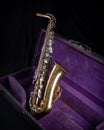 Buescher Alto Sax, Gold Lacquered in Deep Purple Velvet-Lined Hard Case side 1