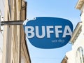 Buffa eyewear store sign in urban street setting Royalty Free Stock Photo