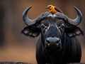 A buffalo with a bird perched on its head Royalty Free Stock Photo