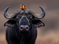 A buffalo with a bird perched on its head Royalty Free Stock Photo