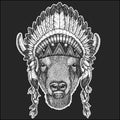 Buffalo, bison,ox, bull Cool animal wearing native american indian headdress with feathers Boho chic style Hand drawn Royalty Free Stock Photo