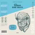 Buffalo Bone Broth Label Template. Abstract Vector Food Packaging Design Layout. Hand Drawn Bison Head Sketch Background