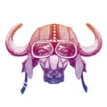 Buffalo, bull, ox. Animal wearing biker, motorcycle helmet. Wild rider, racer. Motorcycle club. Fashion print for adult