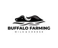 Buffalo, bull, ox, lies in the water, logo design. Dairy and cheese farm, farming, animal and pet, vector design