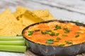 Buffalo chicken dip with chps and celery