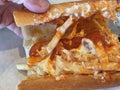 Buffalo chicken n french fry sub  at fat sals los angeles, calif,  its `we`re makin sandwiches over here` Royalty Free Stock Photo