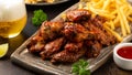 Buffalo chicken wings with beer, french fries on wooden board. fast food