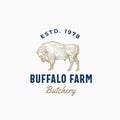 Buffalo Farm Butchery Abstract Vector Sign, Symbol or Logo Template. Hand Drawn Bison Sketch Sillhouette with Retro