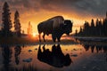 Buffalo during a gorgeous sunset in Yellowstone National Park Royalty Free Stock Photo