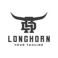 Buffalo Head Horn, Bull, cow, vintage Texas restaurant longhorn logo. letter D.H. Vintage farm company logo