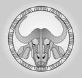 Buffalo head, symmetric hatched drawing in circle, picture, embroidery or tattoo template