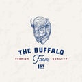 Buffalo Meat Farm Retro Badge Logo Template. Hand Drawn Bison Face Sketch with Retro Typography. Vintage Bull Steaks