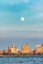 Buffalo, New York - May 17, 2019 : Full moon rising over the Buffalo skyline and city hall. Royalty Free Stock Photo
