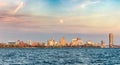 Buffalo, New York - May 17, 2019 : Panorama of a full moon rising over the Buffalo city skyline. Royalty Free Stock Photo