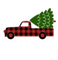 Buffalo plaid Christmas truck with Christmas tree Royalty Free Stock Photo