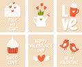 Set of cute Valentine vector cards: flowers, envelope with hearts, cake, mug and bird couple