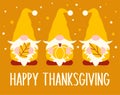 Happy Thanksgiving vector illustration with three gnomes, leaves and pumpkin. Fall gnomes cut file